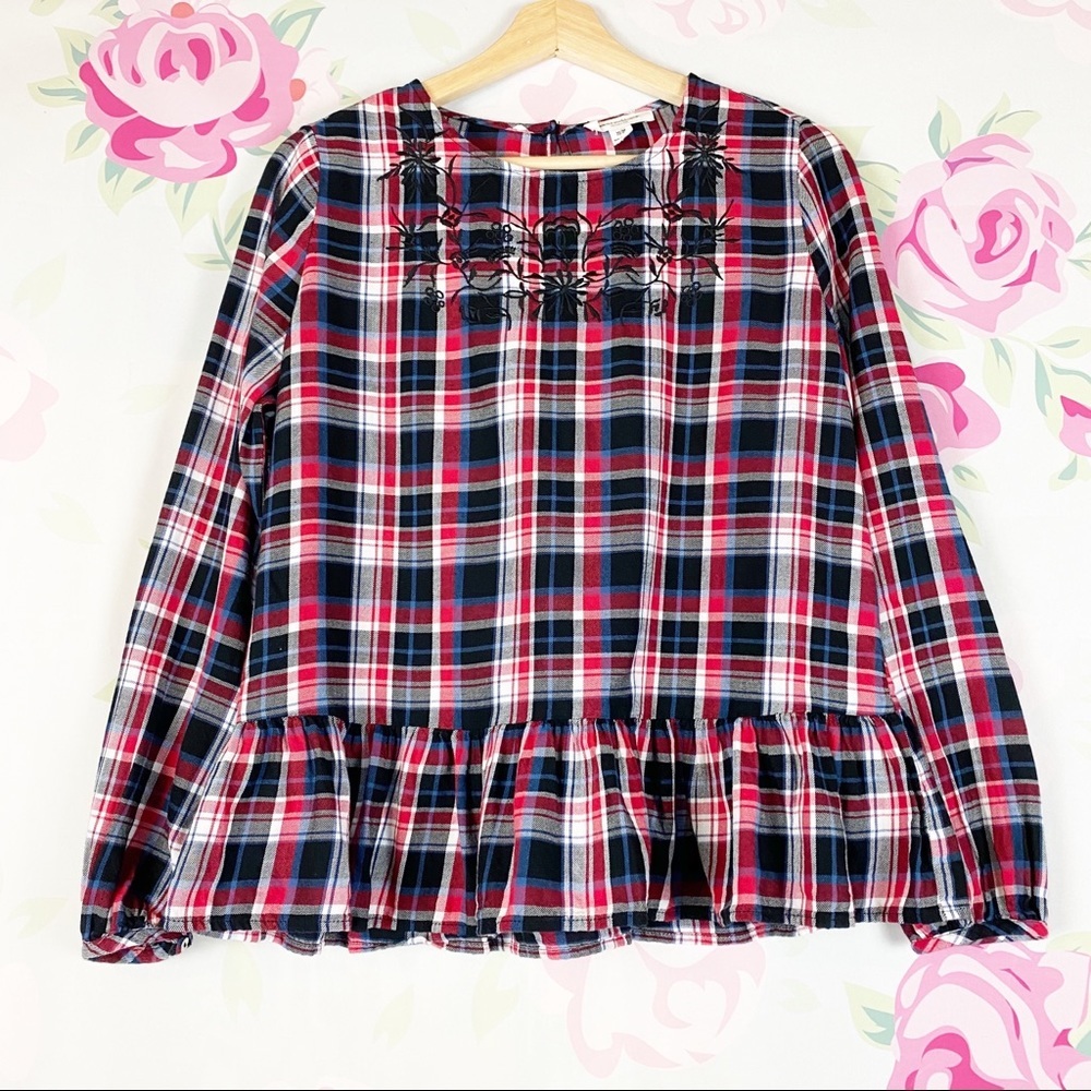 BeachLunchLounge Red Plaid Embroidered Blouse M